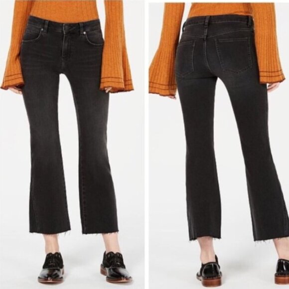 Free People Women Jeans 28"  Black Rita Cropped Flare Raw Hem Pants Boho Grunge - Picture 1 of 10